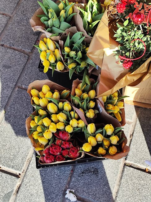A selection of vibrant flower bouquets displayed outdoors on a paved surface, featuring yellow tulips with smooth, elongated petals and rich green leaves arranged in brown paper wrapping, alongside de