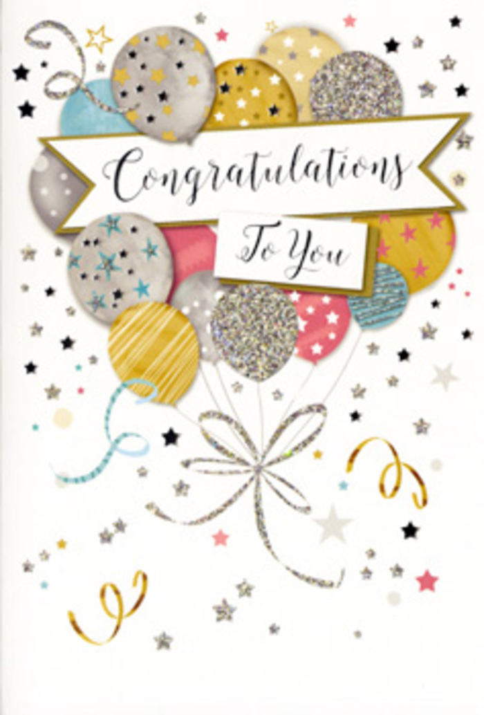 Displayed against a neutral background, this congratulations card presents a graceful, balloon-filled scene, as if a quiet celebration has been captured and preserved on quality cardstock for someone special in Forest Gate. The main design centres on a large cluster of rounded balloons, gently overlapping and seemingly floating upwards from the lower half of the card. Their palette is exquisitely balanced: brushed gold, soft silver, champagne beige, misty sky blue, blush pink, and cool dove grey, each balloon marked with fine, decorative detail-tiny metallic stars, slender stripes, polka-dot glimmers, and subtle glitter-like shading that creates a sense of depth and sparkle. Thin, stylised balloon strings, illustrated in shimmering lines of gold and silver, trail downward with graceful curves, twining together much like the trailing grasses and ribbons in a carefully crafted bouquet from Forest Gate Flowers. Surrounding the balloons, scattered five-pointed stars, tiny confetti dots, and curling ribbons drift across a pale, softly textured background, suggesting the gentle energy of a surprise party at home near Wanstead Park. Across the centre, a flowing banner stretches elegantly, its ends curling inwards, carrying the phrase Congratulations To You in refined, sweeping script. The script itself appears slightly embossed and glossy, hinting at a tactile experience where fingertips feel the raised ink and subtle ridges of the design. The overall composition is light, airy, and sophisticated, radiating a sense of genuine pride and happiness without overwhelming the eye. It is easy to imagine this card tucked among fresh lilies, roses, or seasonal blooms, delivered locally to celebrate promotions, graduations, or exam success, where the card and flowers together mark a moment the recipient will remember every time they think of Forest Gate.