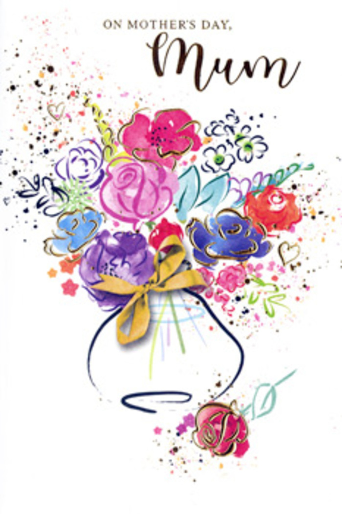 Expressive watercolour Mother's Day card illustration showing a spirited bouquet that seems to dance above its vase, echoing the bustle and warmth of Forest Gate's streets. Every bloom is defined by fluid strokes of deep indigo, creating a gentle framework for generous swathes of hot pink, fuchsia, and rich magenta that feel almost velvety to the imagination. Softer accents of lilac, pale peach, and fresh spring green peek between the larger flowers, while tiny golden highlights glimmer along edges of petals and leaves, like sun catching on raindrops after a shower over Wanstead Flats. Loose splashes of colour arc around the bouquet, accompanied by discreet heart shapes that suggest affectionate notes passing between children and their mums. The arrangement is gathered into a simple vase, its body sketched in soft, translucent washes, finished neatly with a shining gold bow that hints at the familiar ritual of tying ribbon in a local shop before a special Forest Gate delivery. The composition balances energy and intention, conveying the thoughtful care that goes into both arranging flowers and showing appreciation. This card artwork holds the feeling of a bouquet that will never wilt, an enduring reminder of maternal love rooted in everyday life around Odessa Road, Woodgrange Road, and the surrounding neighbourhood.