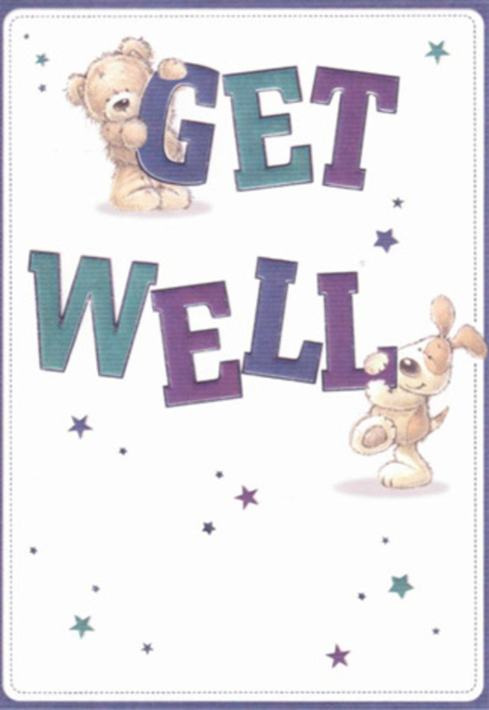 A scene of gentle celebration springs to life on this get well card, with a sweet brown bear and a playful, long-eared puppy surrounded by dancing stars. Their touchingly expressive faces and soft, rounded forms call to mind the nurturing embrace you might find within the close-knit community of Forest Gate. The typography is bold and cheerful, distinctive in purple and aqua tones that leap from the card, much like the bursts of colour that brighten a bouquet arranged at a Woodgrange Road flower stall. Each letter and flickering star seems brushed with hope, mirroring the friendly, uplifting character of the area. The bear's plush fur and the puppy's velvety ears visually offer the kind of tactile comfort a florist imparts with petals and leaves. The pristine white background provides clarity and peacefulness-the same qualities that make local floral deliveries feel so rejuvenating. Envision gifting this card alongside a hand-tied arrangement for a friend recovering at home on Sebert Road; together, these acts of kindness illuminate even the gloomiest afternoon, radiating heartfelt encouragement with every visual detail.