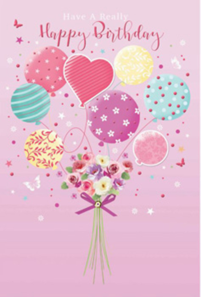 A whimsical birthday scene unfolds against a soft pink backdrop, as if painted from a memory of light-hearted celebrations around Forest Gate. At the centre, a cluster of pastel balloons rises gracefully, each one a slightly different shade of gentle pink, seafoam, lemon, and lilac, their glossy surfaces reflecting a tender, diffused glow. Decorative patterns spiral and dance over the balloons-candy-striped ribbons, dotted confetti, and tiny floral flourishes-giving the impression of a sky full of laughter above the nearby streets and gardens. Suspended beneath this floating canopy is a hand-tied bouquet, almost like a miniature garden gathered just after dawn. Petite roses, soft daisies, and anemone-like blossoms sit closely together in tones of ivory, blush, and dusty mauve, their petals appearing plush and touchable, as though freshly misted in a Forest Gate florist's cooler. A neat purple bow, with a subtle sparkle, wraps the stems, adding structure and a sense of occasion. Delicate stars and butterfly silhouettes drift around the flowers, suggesting movement, like a breeze crossing Wanstead Flats on a birthday morning. The composition feels intimate and thoughtful, a blend of playful artistry and classic floral styling, ideal for a cherished friend or family member nearby. It conveys that gentle, heartwarming message: you are remembered today, with soft colours, imagined fragrance, and the quiet joy of blooms chosen just for your special moment in E7.
