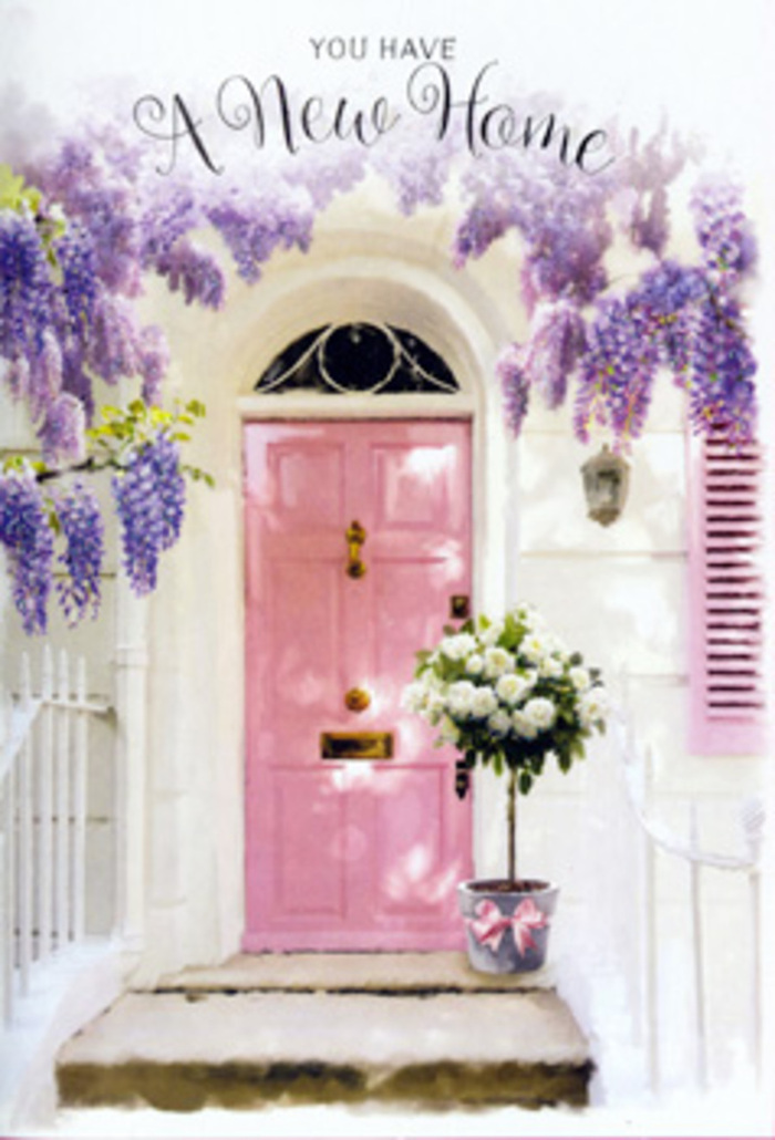 In this scene, a front doorstep has been transformed into a poetic welcome, reminiscent of the charming period homes scattered around Forest Gate and the streets leading towards Stratford. The focal point is a pastel pink door, painted in a soft, comforting shade that radiates warmth and quiet joy. Above and around it, generous cascades of wisteria spill down in long, fragrant strands of lavender and lilac, the blossoms forming a natural archway that seems to embrace anyone stepping closer. The walls are whitewashed and slightly textured, catching the light in such a way that the pinks and purples appear even more luminous. To the side, a blush-toned shutter continues the pastel theme, tying the façade together with a sense of easy harmony. At the base of the door, on the stone step, sits a sturdy grey tin bucket serving as an impromptu vase. It overflows with creamy white roses, their petals layered and plush, almost cloud-like, nestled among sprigs of soft green foliage. A delicate pink ribbon circles the bucket, tied off in a neat bow that trails gracefully over the step, echoing the romance of the roses and the whimsy of the wisteria above. The light in the image feels like a calm afternoon, with gentle shadows and a sense of stillness, as though the flowers have just been delivered and left waiting for the new homeowners to return. It's a visual celebration of new beginnings: a florist's tender housewarming arrangement, perfect for marking a move within Forest Gate with beauty, gratitude, and the quiet promise of welcome.
