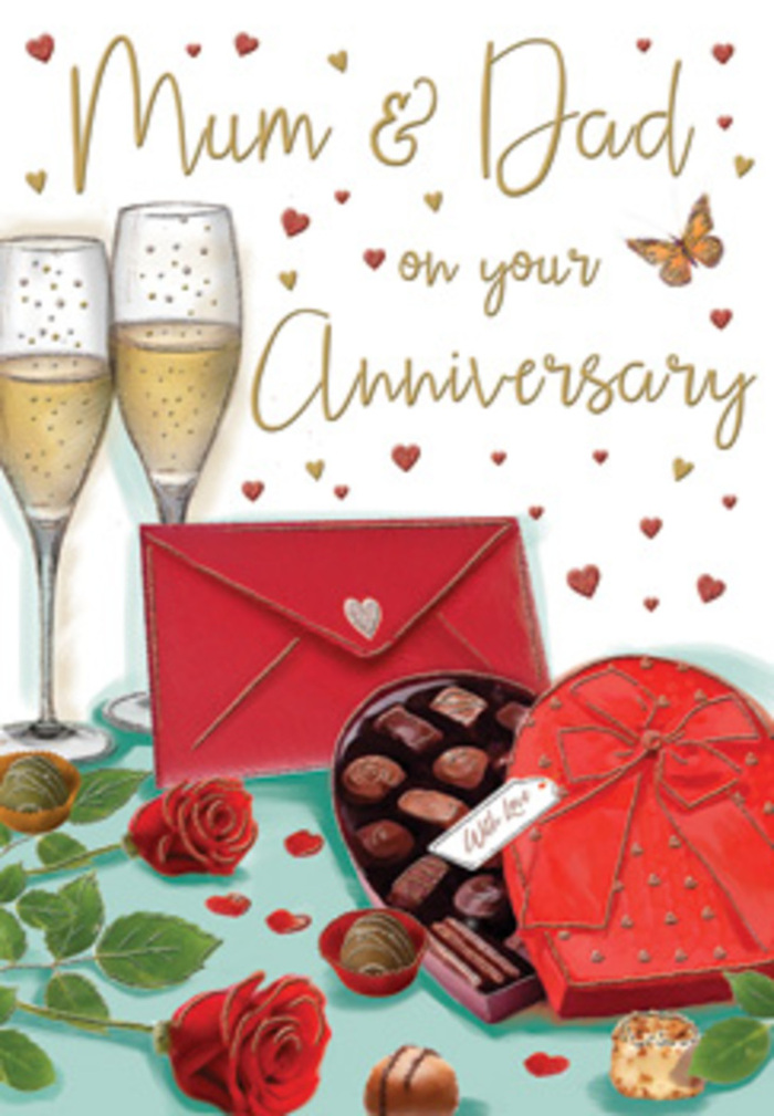 Sumptuous anniversary card design that paints a scene of shared celebration, as if staged in a Forest Gate home after a special meal. Dominating the foreground is a heart-shaped chocolate box in rich, satin red, its sculpted lid tipped open to reveal two neat tiers of assorted chocolates, each piece lovingly illustrated with subtle shine and texture, suggesting pralines, caramels, and truffles just waiting to be shared. To the side rest two fully opened red roses, their petals lush and velvety, spiralling outward in deep crimson layers against a backdrop of fresh green leaves, reminiscent of a premium bouquet arranged by a Forest Gate florist near Woodgrange Road. Just behind, two tall champagne flutes, drawn with fine, clear lines, are filled with pale golden champagne; tiny bubbles climb in playful streams, catching glimmers of reflected light as if from a nearby lamp in a comfortable E7 sitting room. Scattered chocolates lie casually on the surface, adding movement and a sense of easy indulgence. A scarlet envelope, sealed with care and positioned thoughtfully, hints at a handwritten anniversary card addressed to Mum and Dad, full of private memories and thanks. Around the scene, the artist has brushed in small gold specks and floating red hearts, which dance lightly over a creamy background, lending a gentle sparkle without overwhelming the intimacy of the setting. The mood is warm, celebratory, and quietly luxurious, evoking the comforting mingling scents of roses and chocolate, the soft clink of glass, and the steady, enduring love of parents raising a toast to another year together in Forest Gate.