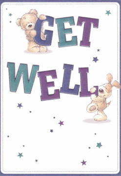 This charming get well card captures a spirit of comfort beloved throughout Forest Gate, featuring an adorable teddy bear perched atop the word 'GET' and a lovable puppy nestled below 'WELL.' Each character's soft fur texture, illustrated with tender brushwork, conjures memories of local childhoods spent in neighbouring parks like Wanstead Flats. Vibrant letters in deep indigo and teal stand out against the crisp white background, their boldness reinforced by joyful starbursts scattered across the scene in shimmering blues and purples. The overall mood is one of hope and gentle encouragement, mirroring the warmth found in every bouquet crafted by Forest Gate Flowers for neighbours recovering or in need of a boost. The design invites the viewer to imagine the heartfelt care and community spirit that comes with each handwritten card and flower arrangement sent across Forest Gate High Street. Visually, every touch of colour and detail seems placed to comfort and inspire, much as a local florist thoughtfully layers blooms to create a sense of well-being and optimism for someone on the mend.