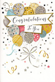 In this image, a refined congratulations card stands upright, its illustration evoking the light-hearted buzz of a celebration, like balloons floating above friends gathering in Forest Gate after good news. The focal point is a buoyant cluster of balloons, rounded and softly shaded to suggest a gentle, pearly sheen. They drift from the lower centre of the card towards the top, overlapping in a composed arrangement of warm gold, shimmering silver, champagne cream, soft sky blue, blush rose-pink, and quiet grey. Each balloon carries its own delicate decoration-metallic stripes, tiny stars, specks of glitter-like light-so no two look exactly alike, much like how every celebration has its own story. Fine curling strings fall from the balloons in gleaming lines of gold and silver, crossing and looping in an easy, flowing tangle reminiscent of the ribbons a florist might tie around a congratulatory bouquet heading out for local delivery. Around the balloons, the background is scattered with small, shining stars, curling streamers, and dots of confetti in matching metallic hues, all set against a pale, softly textured backdrop that feels calm and airy, like morning light drifting over the houses near Forest Gate station. A wide banner glides across the middle of the design, gently curved and slightly unfurled, with the words Congratulations To You written in elegant, sweeping calligraphy. The lettering looks slightly raised and glossy, suggesting a subtle tactile contrast against the matte surface of the card. Overall, the design radiates quiet joy and heartfelt pride, ideal for honouring promotions, graduations, or personal milestones with a keepsake that feels both celebratory and timeless.