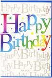 This birthday card captures the spirit of a lively Forest Gate celebration, the sort you might see spilling out of a family home near Wanstead Flats on a sunny afternoon. Across the front, the phrase Happy Birthday stretches proudly in generous, rounded letters, each one dressed in its own vivid colour. The hues flow together in an easy rainbow gradient, starting with juicy reds and rosy pinks, passing through sunset oranges and buttery yellows, then sliding into lush greens, sea-toned blues, and finally regal purples. Soft shading inside the letters gives them a gently raised, almost cushion-like look, as if they could be pressed lightly with a fingertip. Around the main text, small colourful stars and dots are scattered over the surface, like bits of confetti caught mid-air at the moment everyone shouts surprise. The background is quietly sophisticated, filled with repeating lines of Happy Birthday to you scripted in fine, looping gold. This golden writing has a subtle, glitter-like effect, reflecting light in a way that brings a delicate sparkle rather than a loud shine, similar to fairy lights glowing in a front window along a Forest Gate side street. The card appears to have a smooth, slightly glossy finish, with the layered effect of bold colour over shimmering script creating depth and interest. It feels celebratory yet considered, ideal to accompany a fresh bouquet from Forest Gate Flowers for same-day local delivery-an expressive keepsake that adds visual music to the birthday wishes tucked inside.