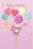 An enchanting birthday design presents a floating bouquet of balloons and flowers that seems ready to drift above the rooftops of Forest Gate. The entire scene is set on a velvety blush pink background, evoking the soft glow of early evening along Woodgrange Road. At the top, rounded balloons in pastel shades of rose, mint, butter yellow, and lavender cluster together, each decorated with charming patterns-twirling stripes, scattered polka dots, dainty blossoms, and a central heart shape that radiates affection. Their polished surfaces capture the light, creating the illusion of real helium balloons gently tugging upward. Below, a compact bouquet forms the anchor, composed of delicate roses and anemone-style blooms in creamy ivory, blush pink, and muted mauve. The flowers appear freshly opened, with feathery petals layered tightly, suggesting a soft, sweet perfume drifting like a whisper. A violet satin bow ties the stems with an elegant flourish, its ribbon slightly curved as though caught by a small breeze. Tiny star shapes and butterfly motifs surround the bouquet, adding a sprinkle of storybook magic, much like spotting butterflies in nearby Wanstead Park on a warm day. The whole artwork feels light, joyful, and tender, echoing the feeling of receiving a hand-delivered birthday bouquet in Forest Gate-thoughtfully prepared, visually uplifting, and designed to turn one special day into a cherished memory.
