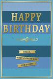 In this image, a beautifully crafted birthday card stands upright, its serene palette of blues and gleaming gold details creating a feeling of gentle, unhurried celebration. The entire background is formed from wide, horizontal stripes that shift gradually in tone-from deep, velvety navy at the top through rich mid-blues into clear sky shades lower down-like the slow brightening of the sky over Forest Gate on a clear morning. Centred against these layers, the phrase HAPPY BIRTHDAY appears in generous, embossed gold lettering. The metallic finish catches the light, giving the words subtle highlights and shadows that suggest a satisfying, tactile weight. Beneath the main greeting, a delicate, symmetrical golden flourish curls outward, adding a vintage, almost hand-drawn touch. Lower still, three gold banners are aligned neatly one under another, each ribbon bearing part of a single friendly message: Relax, have a great day and enjoy! A slim gold line runs around the outer edge of the card, framing the composition like a well-chosen picture frame. The blues are matte and velvety, while the gold elements shimmer and stand slightly proud of the surface, offering contrast you can almost feel. The overall impression is one of calm, thoughtful festivity-less about noise and more about meaningful wishes. You can easily imagine this card displayed beside a fresh birthday arrangement delivered across Forest Gate, perhaps set near a window overlooking Wanstead Flats, quietly inviting the recipient to slow down, smile, and truly enjoy their special day.