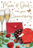 Evocative anniversary card illustration capturing a tender celebration for Mum and Dad, imagined in the welcoming atmosphere of Forest Gate. The focus is a small tabletop vignette: two slender champagne flutes stand close together, filled with a pale golden drink, bubbles spiralling upwards as though caught just before a loving toast. In front of them rests a heart-shaped box of chocolates, its smooth red lid folded back to reveal carefully arranged sweets, their rounded tops and glossy surfaces painted with delicious precision. To the side, two red roses lie gracefully on the table, petals richly layered in shades of ruby and scarlet, framed by fresh green foliage that recalls the quality of a hand-tied Forest Gate Flowers arrangement. Several chocolates have tumbled loose around the box, creating a relaxed, homely feel-like an evening of shared treats in an E7 living room. A glamorous scarlet envelope, neatly sealed and placed within easy reach, suggests a handwritten note packed with gratitude and affection, perhaps penned after a walk through nearby Wanstead Flats. Floating above and around this intimate still life, tiny red and gold hearts drift across a softly lit background, giving the impression of warmth and gentle sparkle, much like candlelight reflecting off glass. Every element works together to express long-lasting devotion: the enduring bloom of the roses, the comforting sweetness of chocolate, the celebratory fizz of champagne, and the quiet promise of words from children to their parents, all beautifully gathered into one timeless Forest Gate-inspired anniversary card.